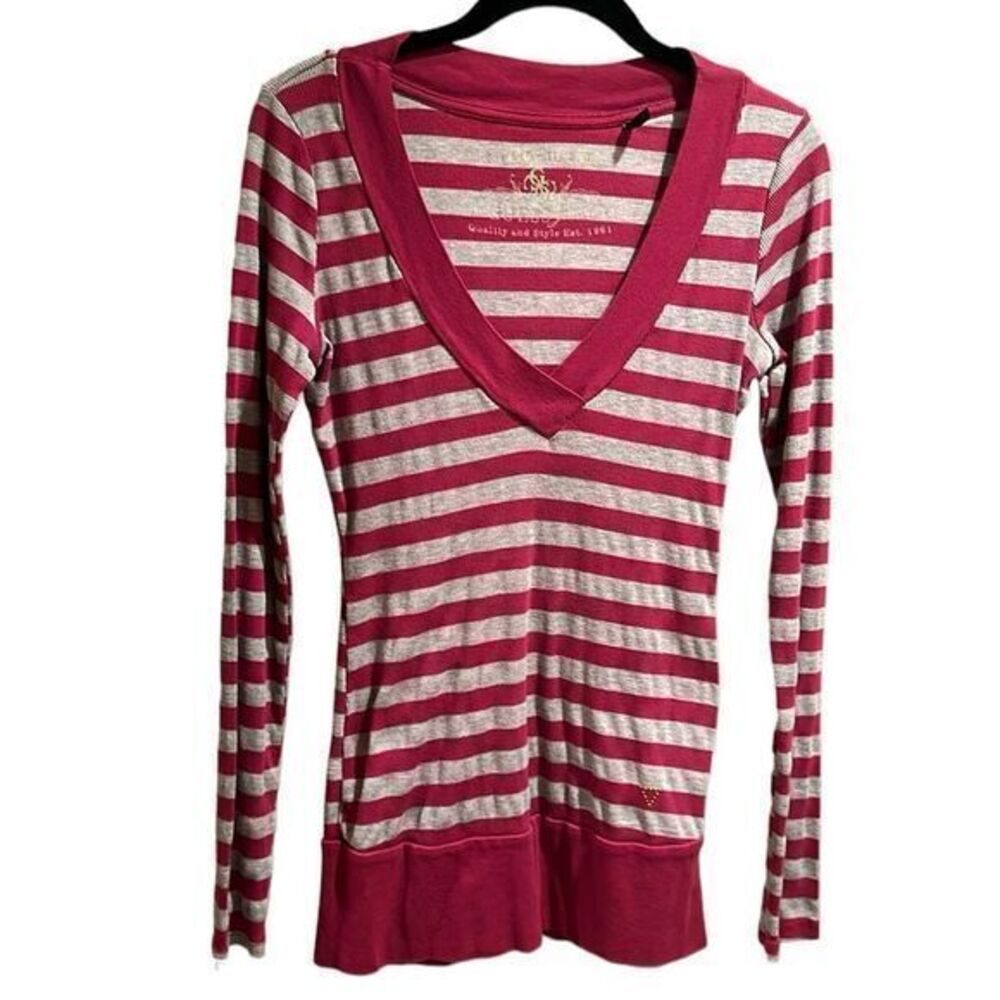 Guess Ribbed Long Sleeved Hot Pink and Grey Striped V-Neck T-Shirt Size L